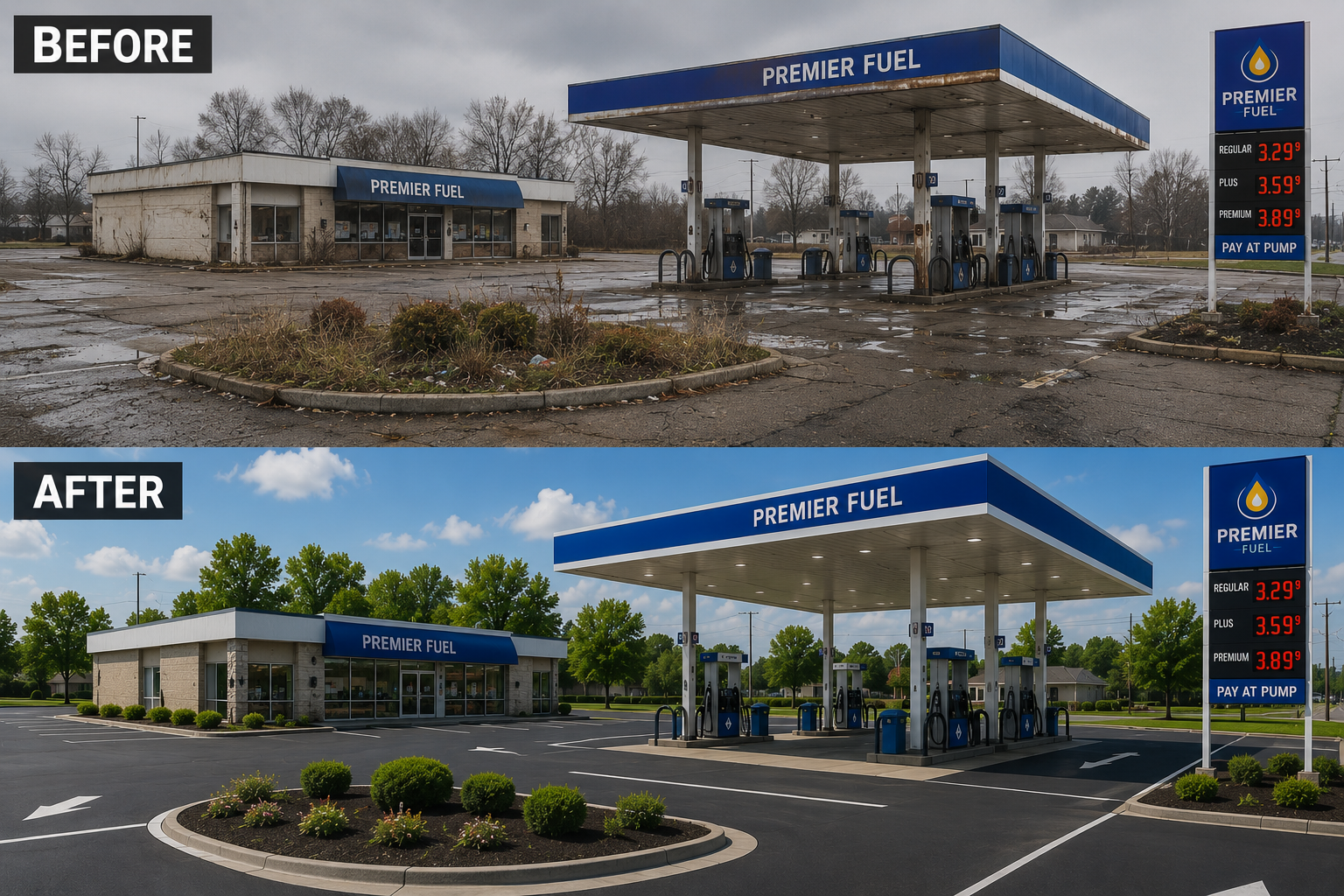 Before and after of a fuel station property: cracked, weedy lot transformed into sealed asphalt, crisp striping and fresh landscaping
