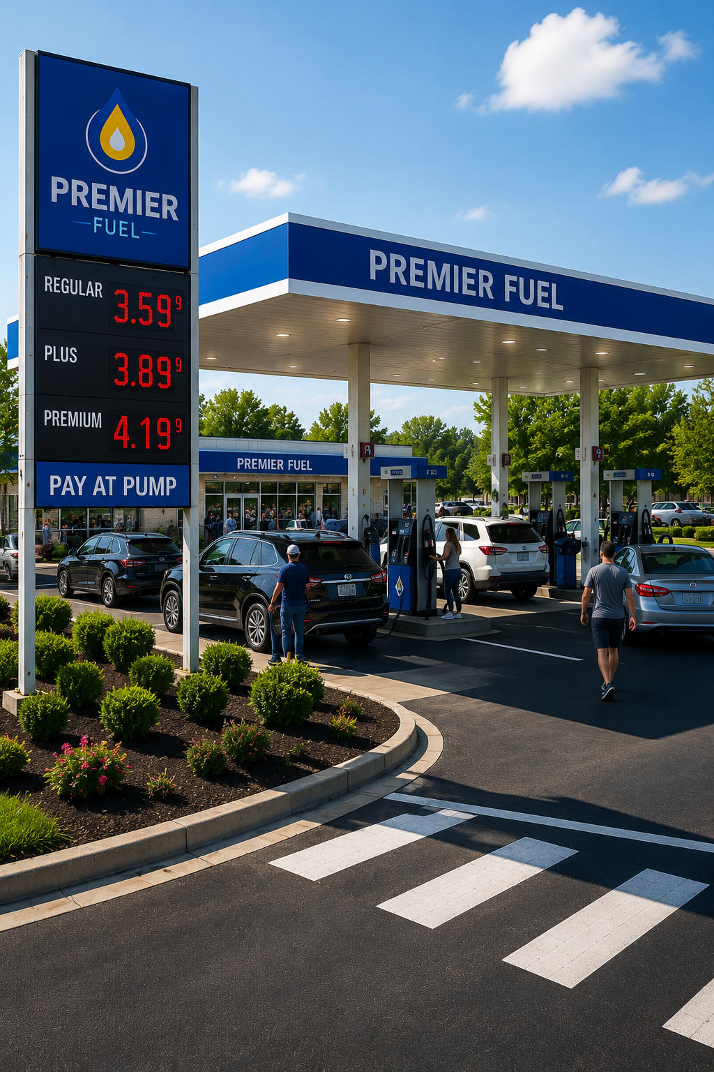 Clean, professionally maintained Premier Fuel station with bright striping, fresh landscaping, and crisp curb appeal