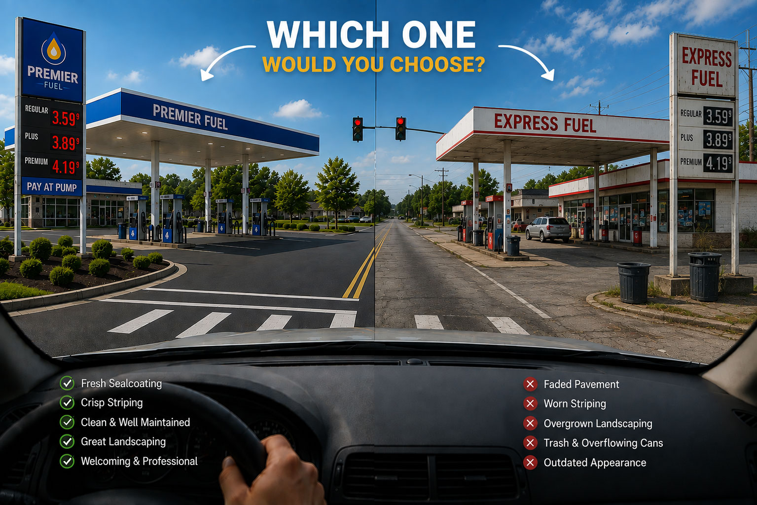 Driver's view comparison: a clean, freshly maintained Premier Fuel station with crisp striping and landscaping versus a faded, worn competitor station across the intersection